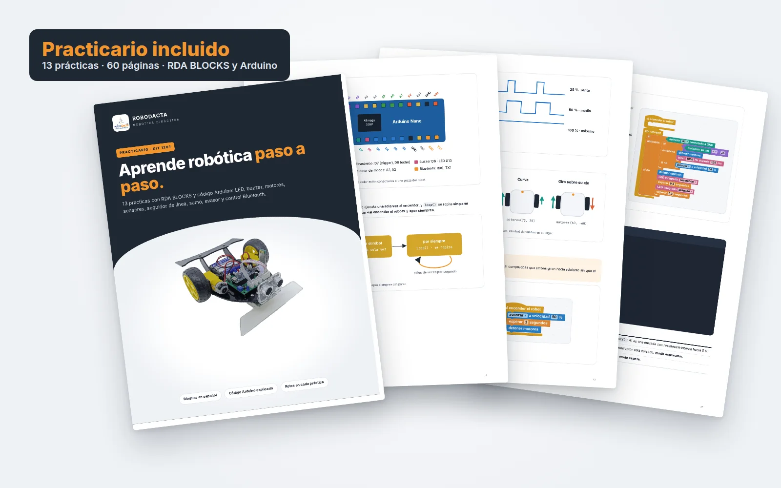 Practicario del KIT1201: portada y páginas interiores con bloques de RDA BLOCKS, diagramas y código